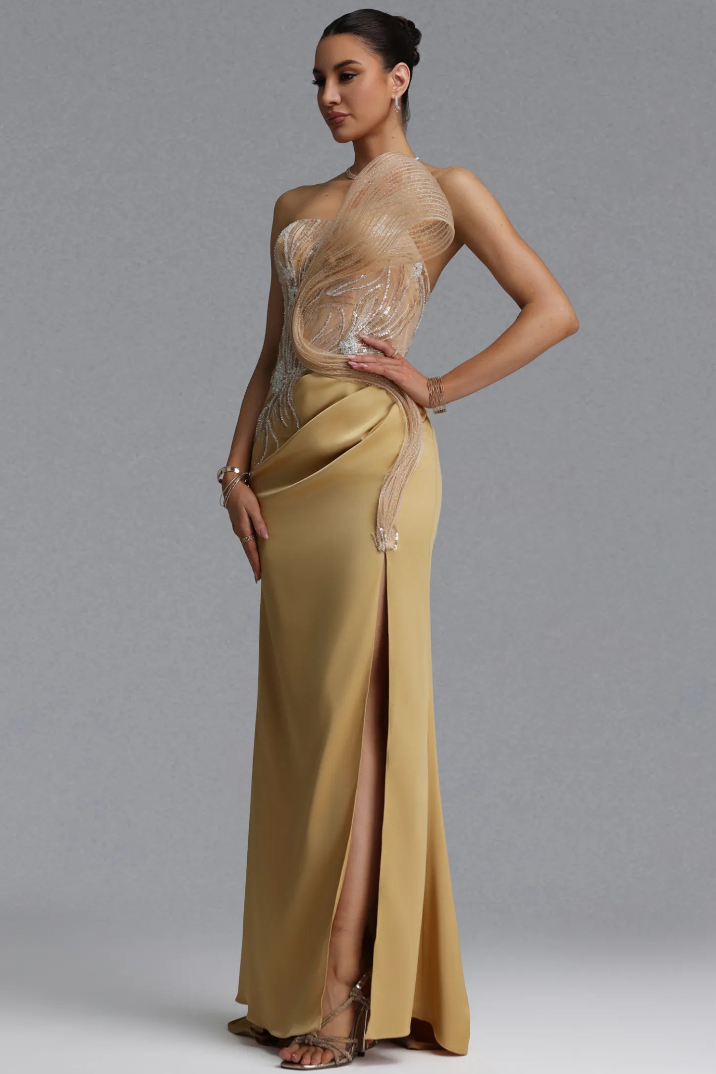 Champagne Gold Sculptural Illusion Evening Gown