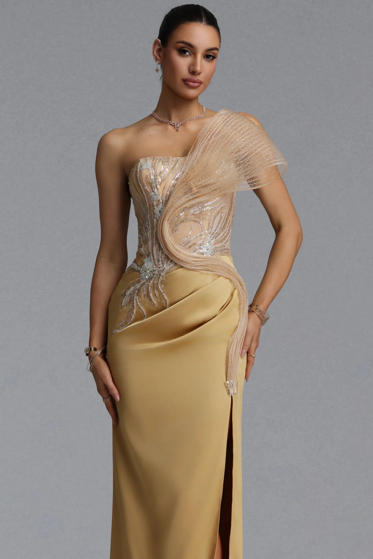Champagne Gold Sculptural Illusion Evening Gown