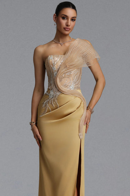 Champagne Gold Sculptural Illusion Evening Gown