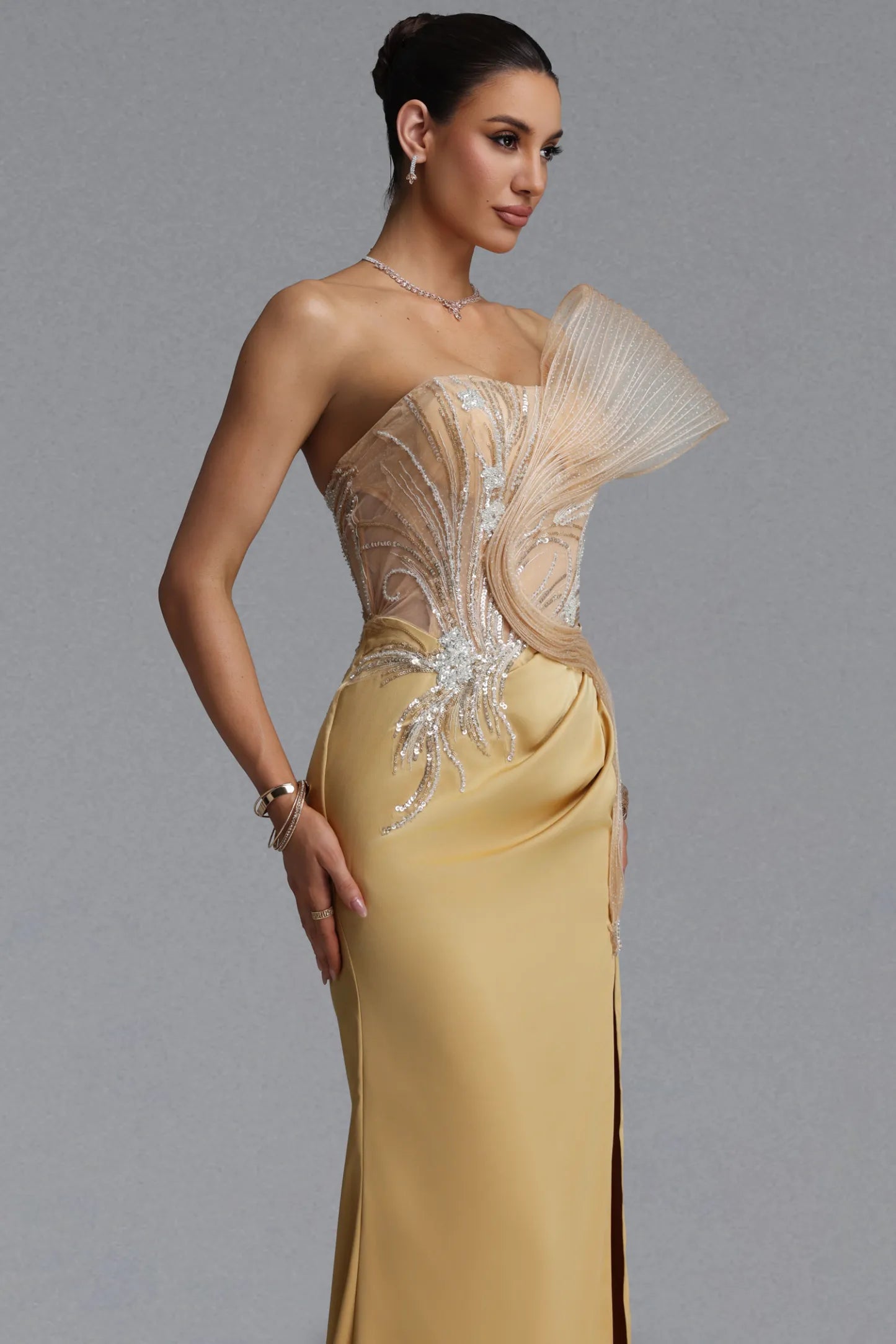 Champagne Gold Sculptural Illusion Evening Gown