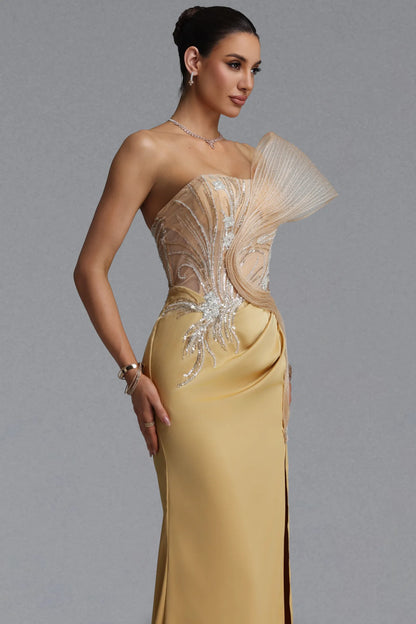 Champagne Gold Sculptural Illusion Evening Gown