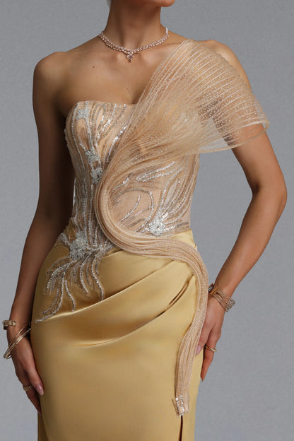 Champagne Gold Sculptural Illusion Evening Gown