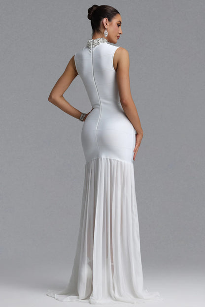 White Crystal-Embellished Bandage and Pleated Drop-Waist Gown