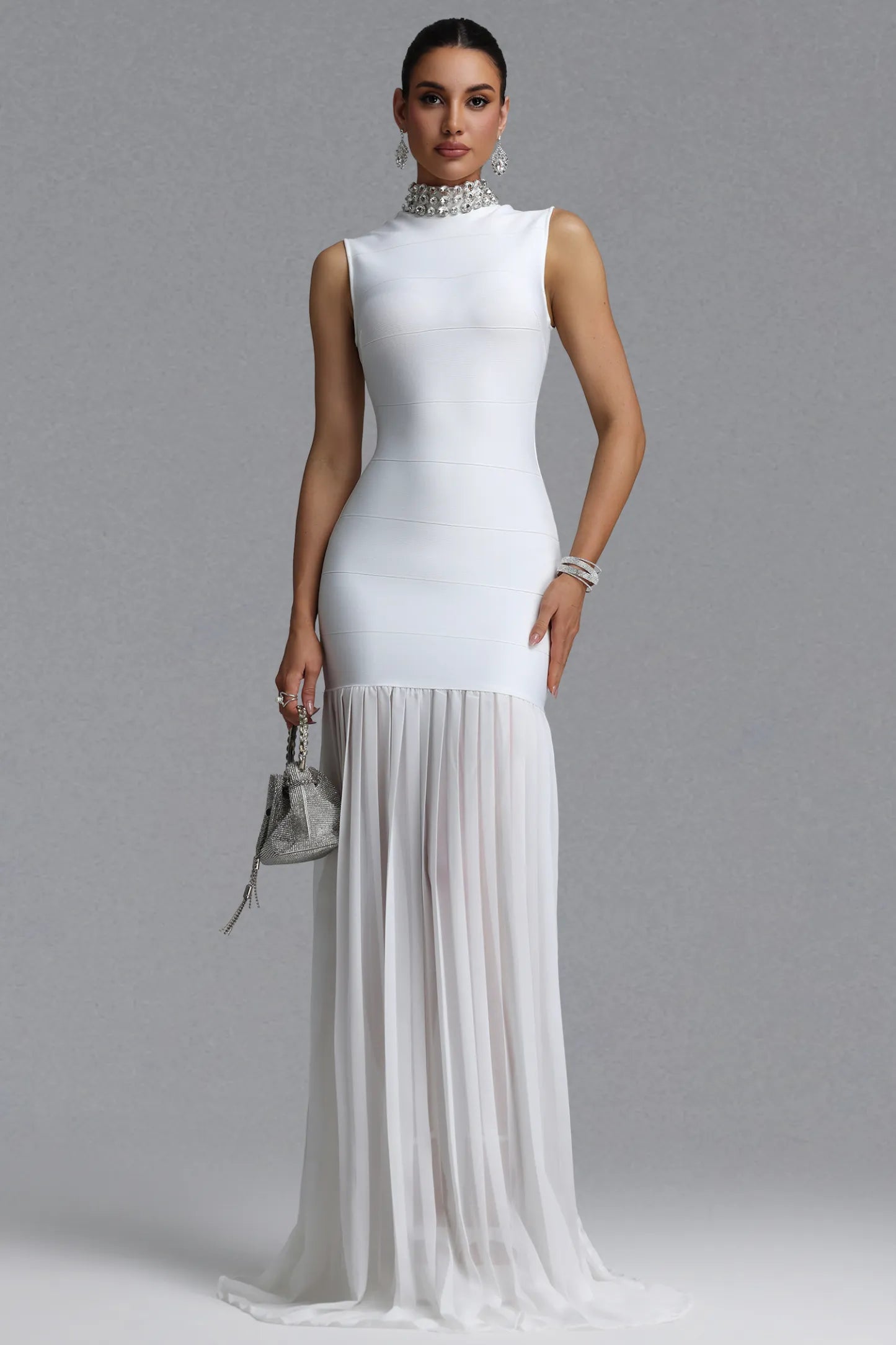 White Crystal-Embellished Bandage and Pleated Drop-Waist Gown