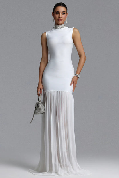White Crystal-Embellished Bandage and Pleated Drop-Waist Gown