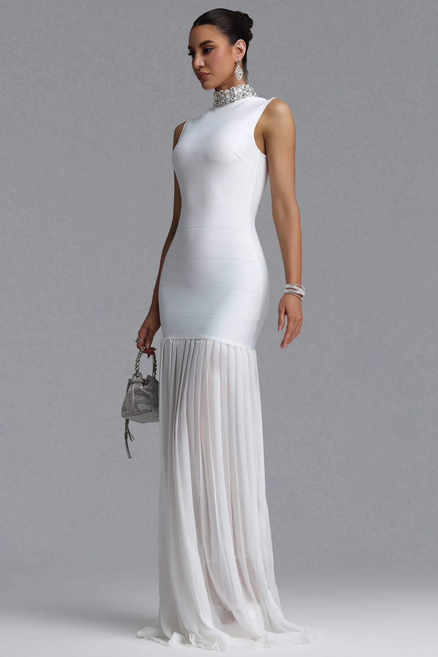 White Crystal-Embellished Bandage and Pleated Drop-Waist Gown