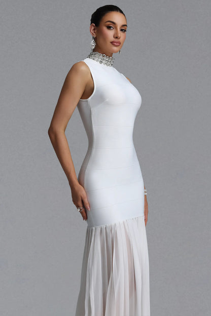 White Crystal-Embellished Bandage and Pleated Drop-Waist Gown