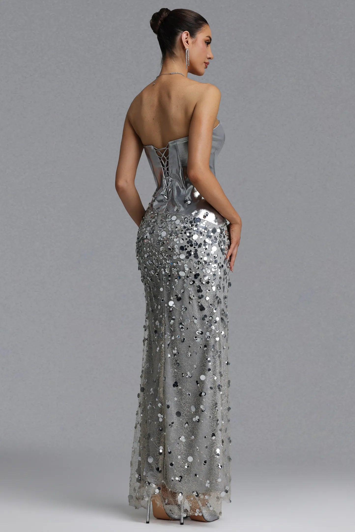 Metallic Silver Corset and Sequin Embellished Gown