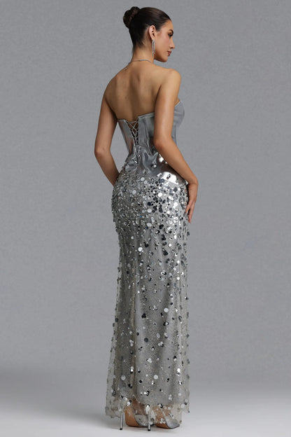 Metallic Silver Corset and Sequin Embellished Gown