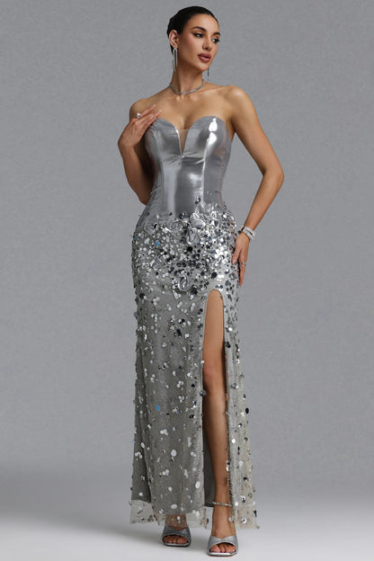Metallic Silver Corset and Sequin Embellished Gown