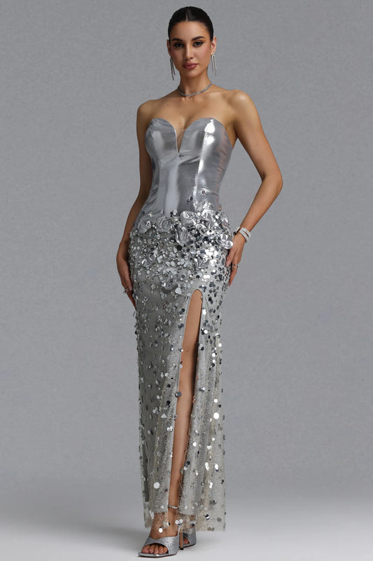 Metallic Silver Corset and Sequin Embellished Gown