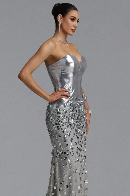 Metallic Silver Corset and Sequin Embellished Gown