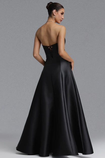 Black Strapless Satin Gown with Crystal Bow Embellishment