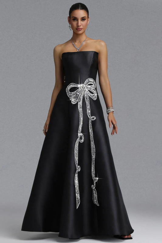 Black Strapless Satin Gown with Crystal Bow Embellishment