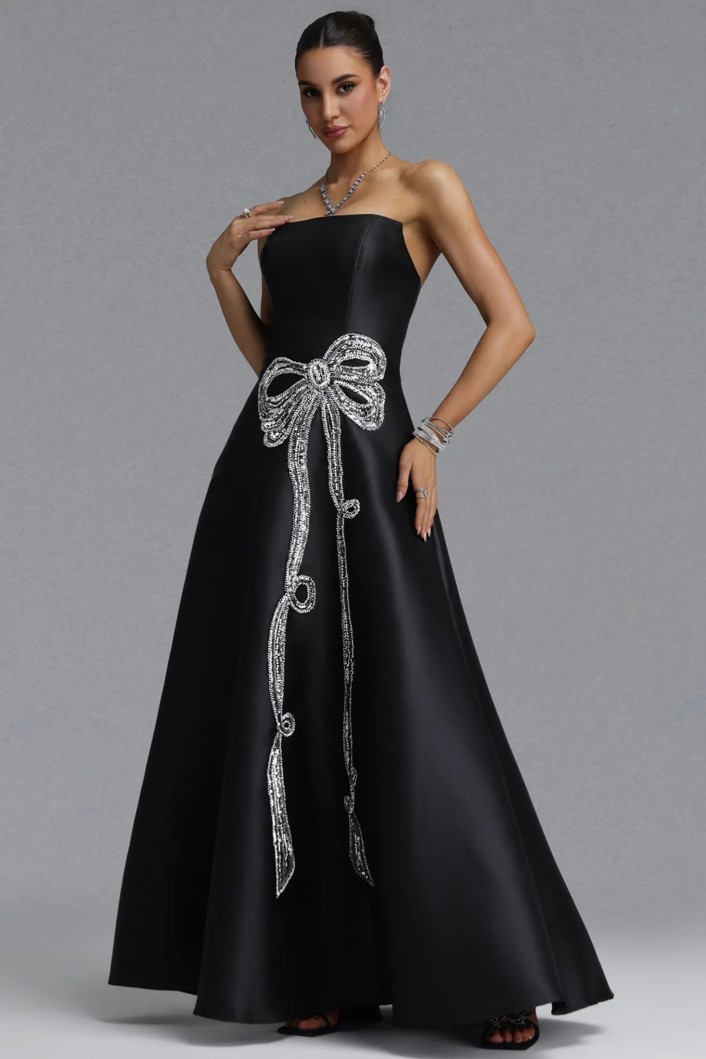 Black Strapless Satin Gown with Crystal Bow Embellishment