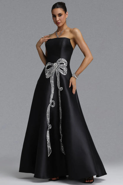 Black Strapless Satin Gown with Crystal Bow Embellishment