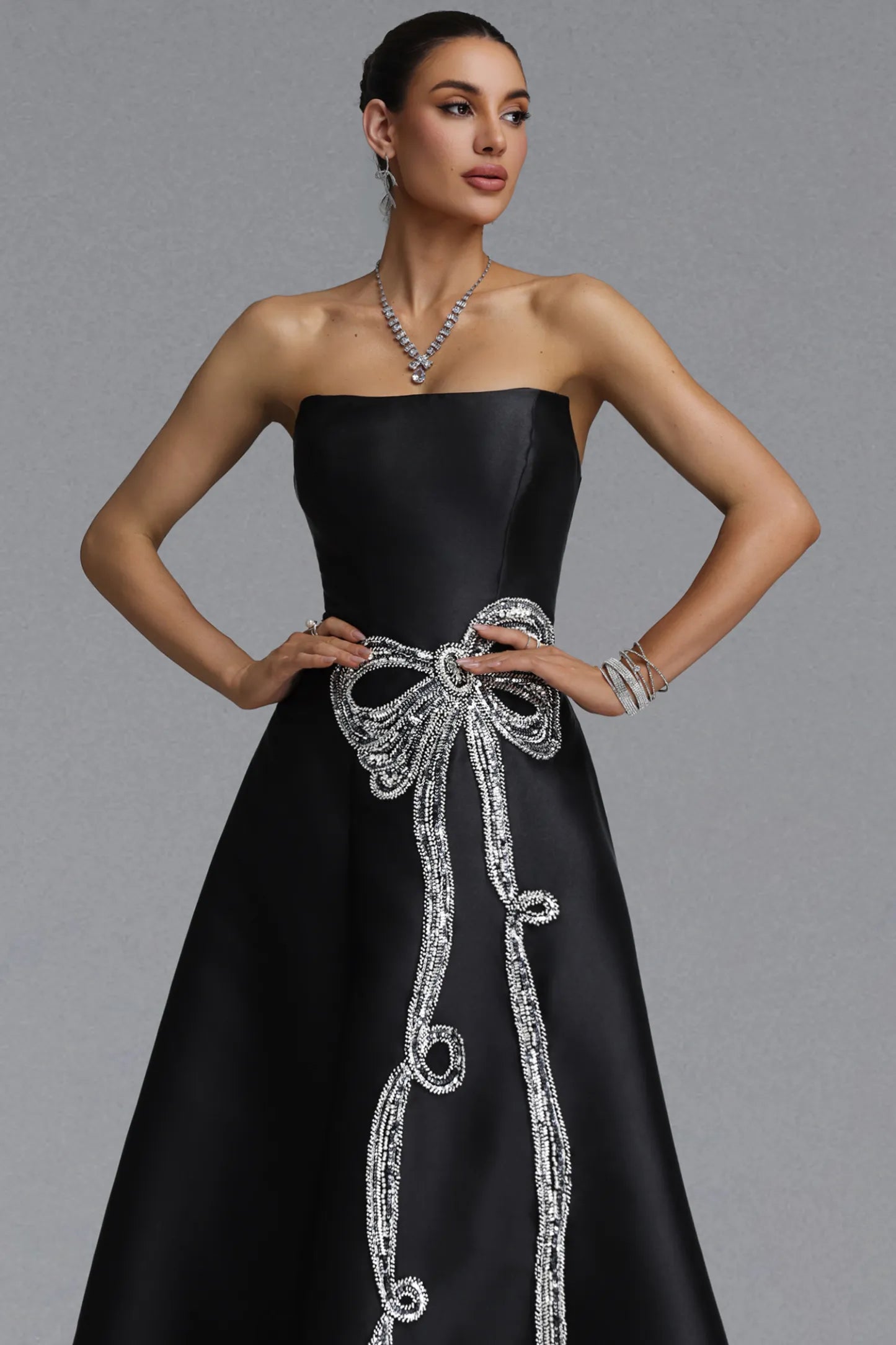Black Strapless Satin Gown with Crystal Bow Embellishment