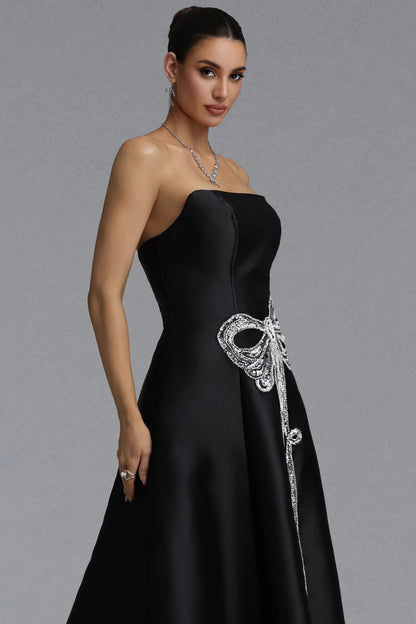 Black Strapless Satin Gown with Crystal Bow Embellishment