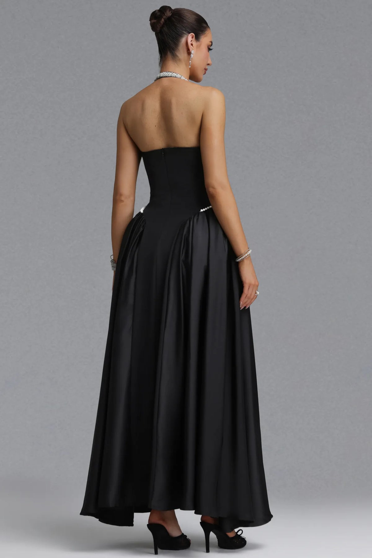 Pearl Embellished Halter A-Line Gown - Black