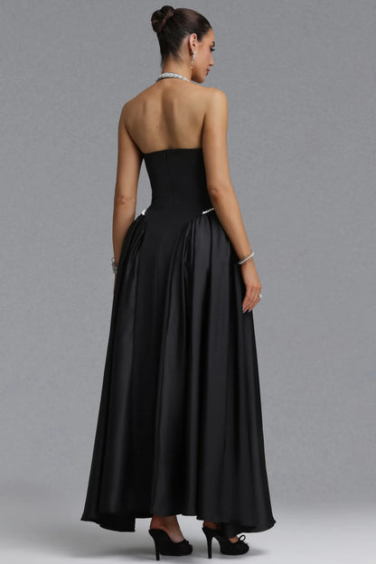 Pearl Embellished Halter A-Line Gown - Black