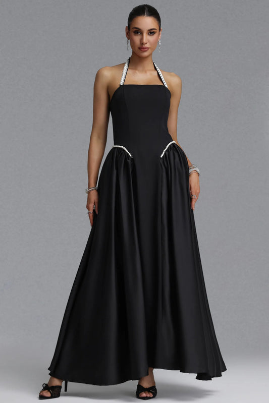 Pearl Embellished Halter A-Line Gown - Black