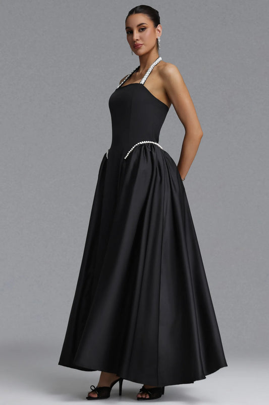 Pearl Embellished Halter A-Line Gown - Black
