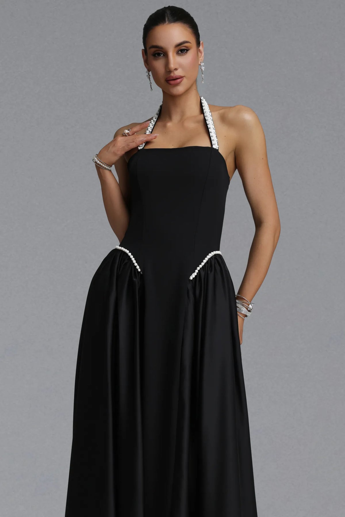 Pearl Embellished Halter A-Line Gown - Black