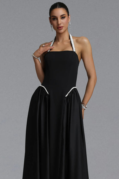 Pearl Embellished Halter A-Line Gown - Black