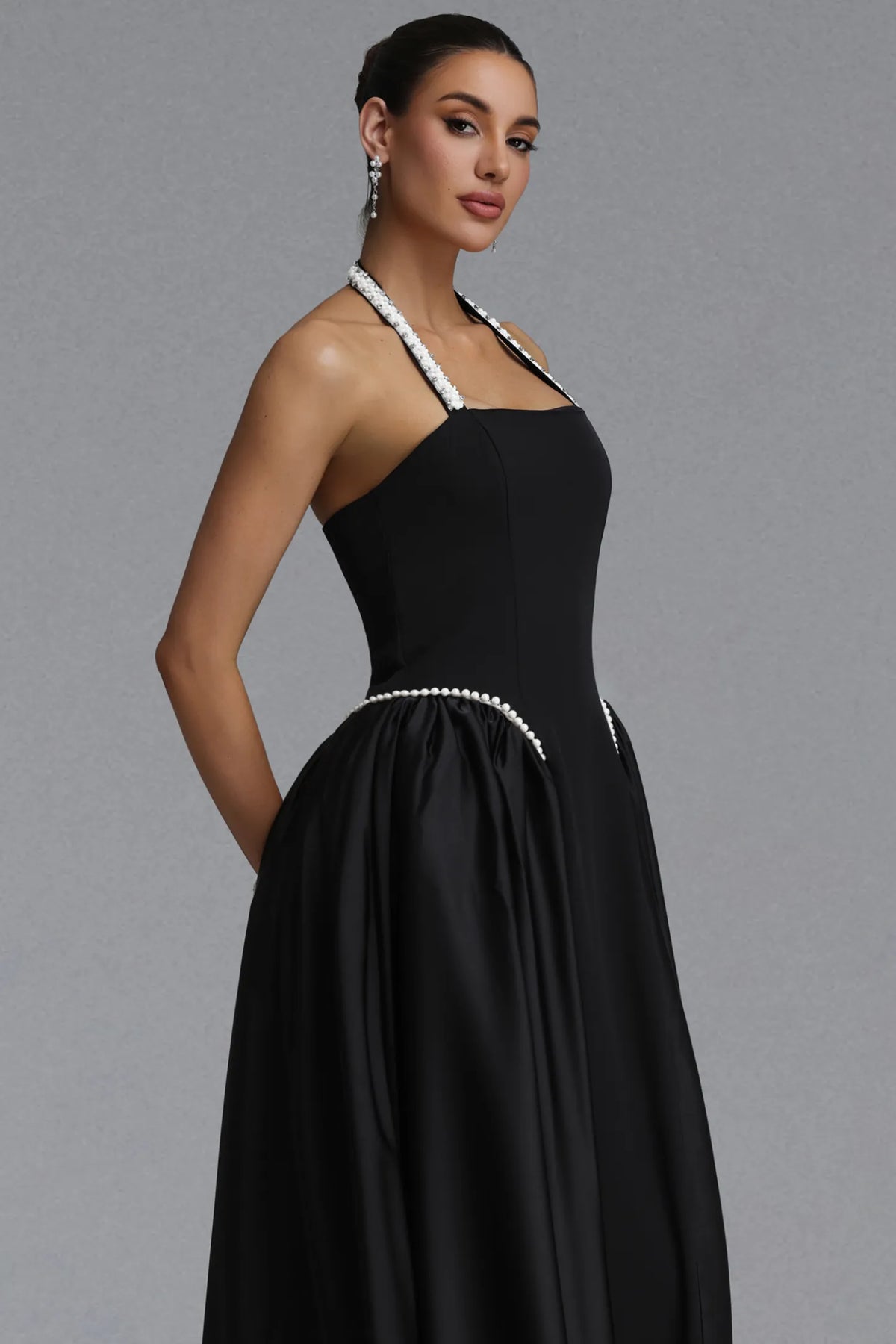 Pearl Embellished Halter A-Line Gown - Black