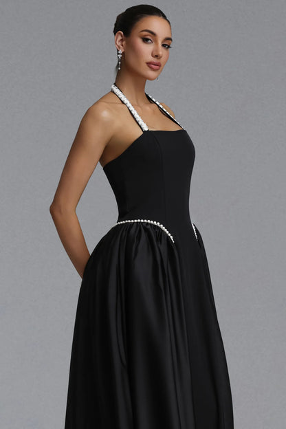 Pearl Embellished Halter A-Line Gown - Black