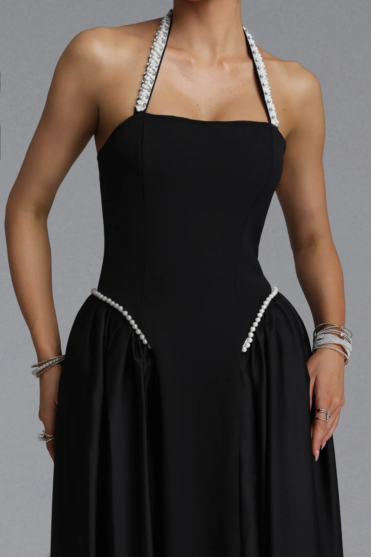Pearl Embellished Halter A-Line Gown - Black