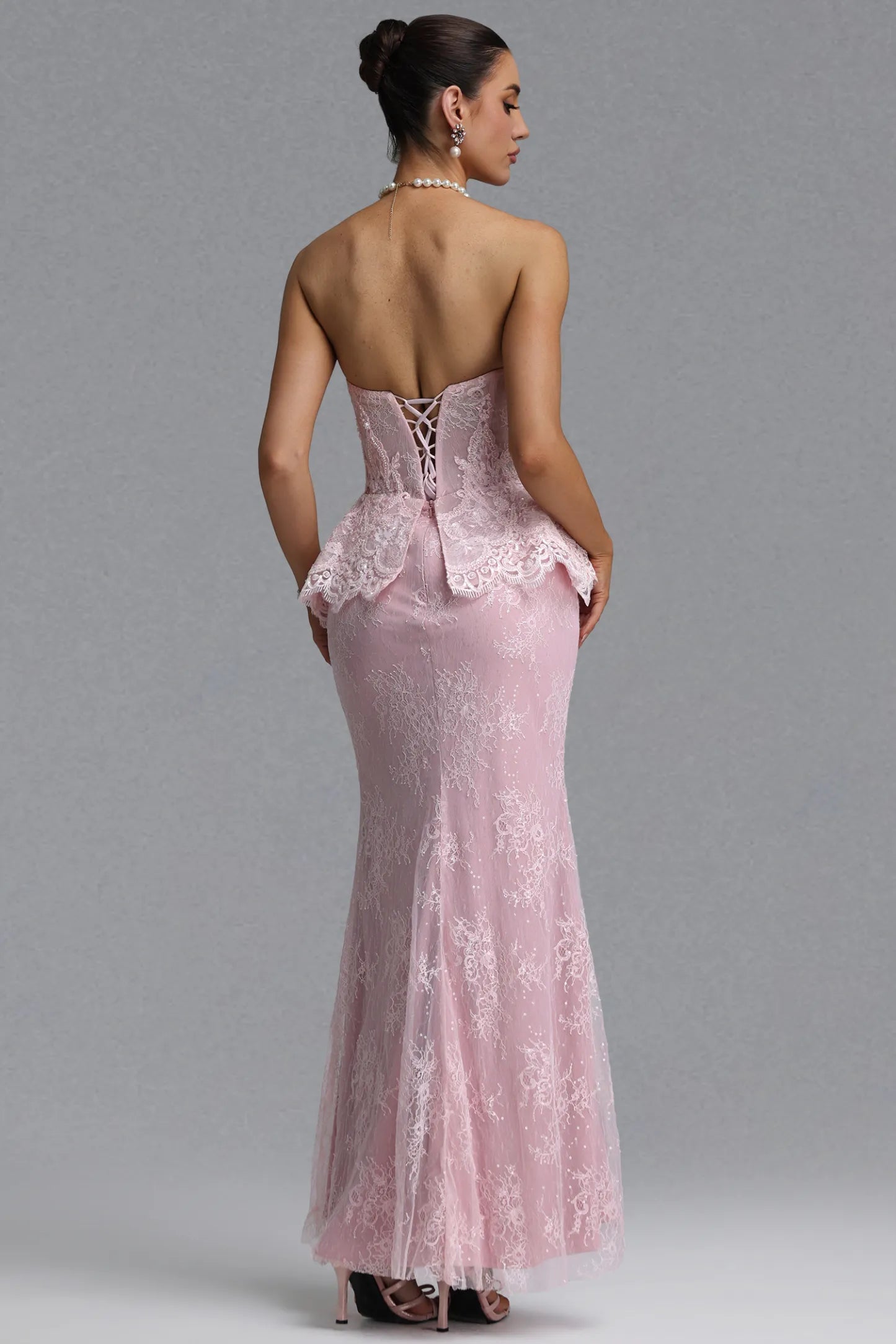Blush Pink Strapless Lace Peplum Gown