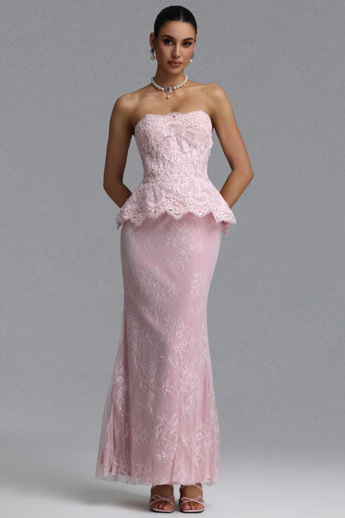Blush Pink Strapless Lace Peplum Gown