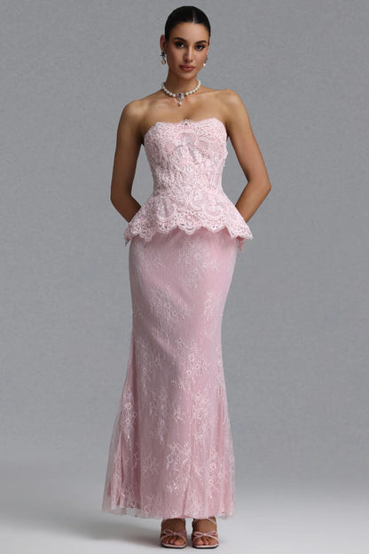 Blush Pink Strapless Lace Peplum Gown