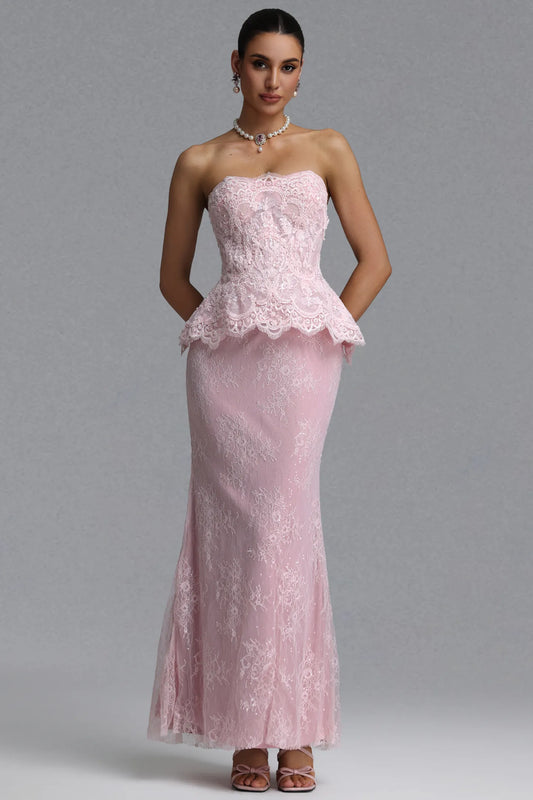 Blush Pink Strapless Lace Peplum Gown