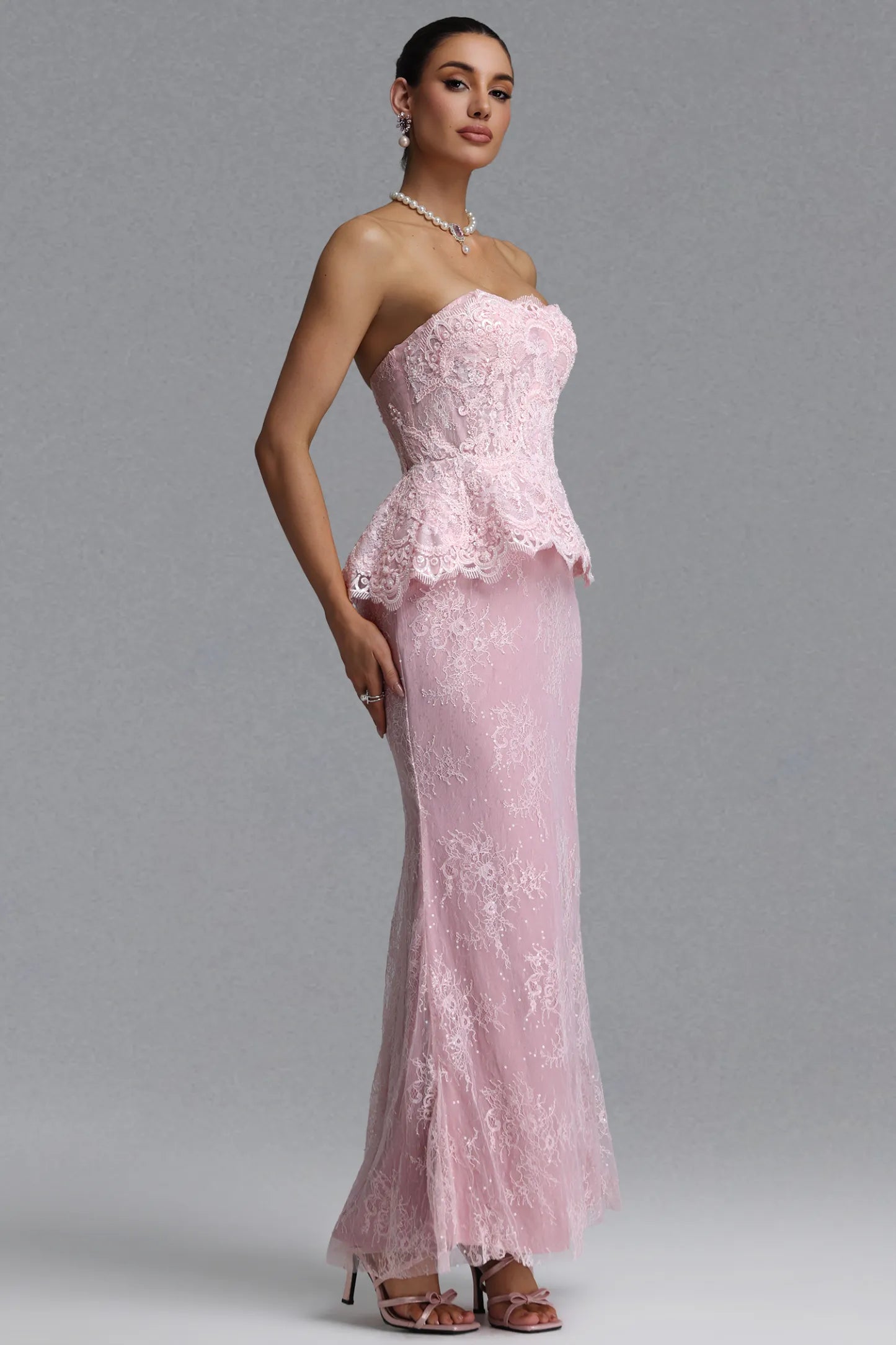 Blush Pink Strapless Lace Peplum Gown