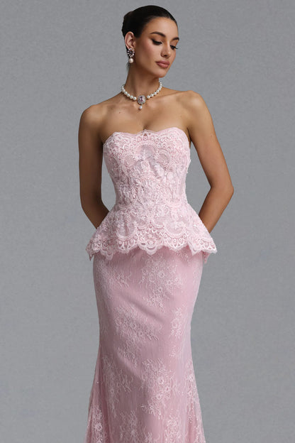 Blush Pink Strapless Lace Peplum Gown
