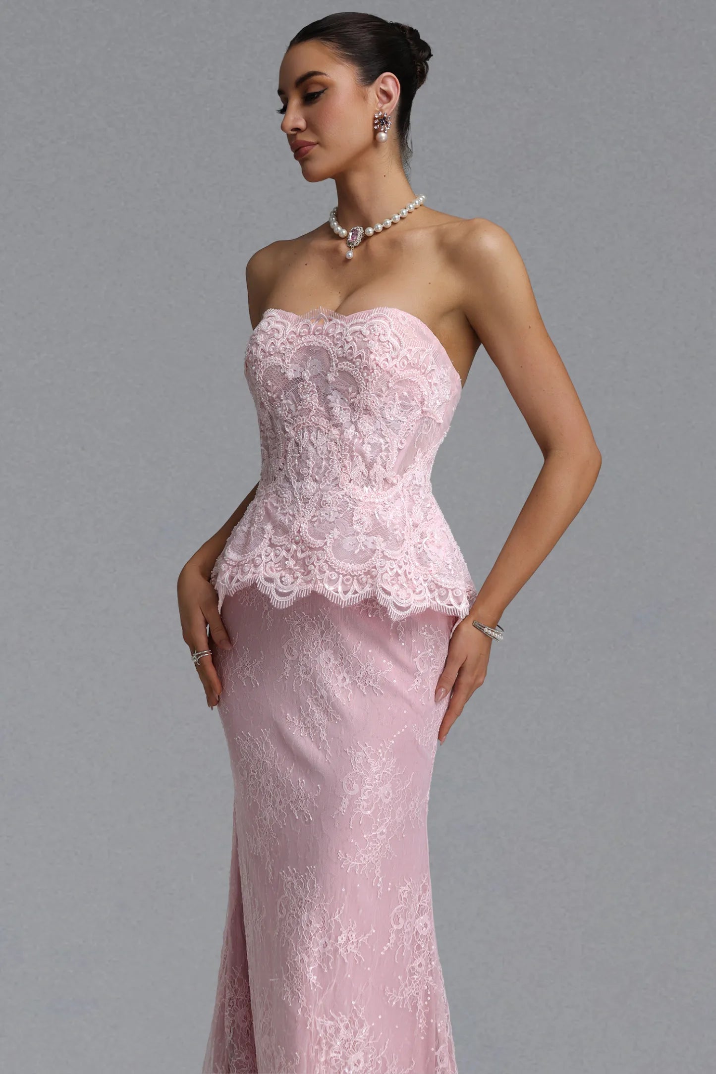Blush Pink Strapless Lace Peplum Gown