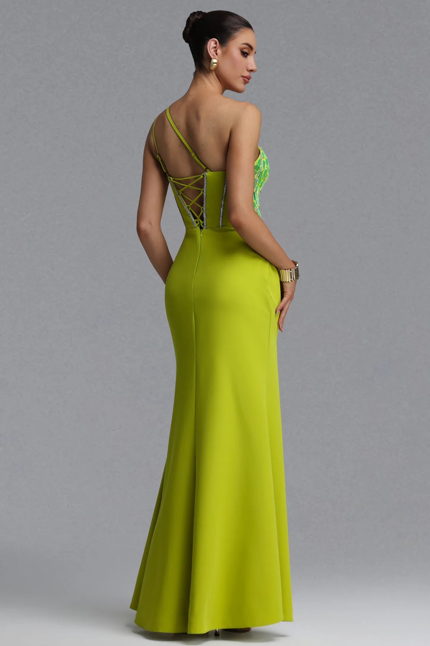 Vibrant Chartreuse Mirror Embellished Evening Gown