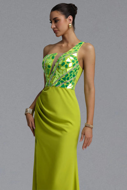 Vibrant Chartreuse Mirror Embellished Evening Gown
