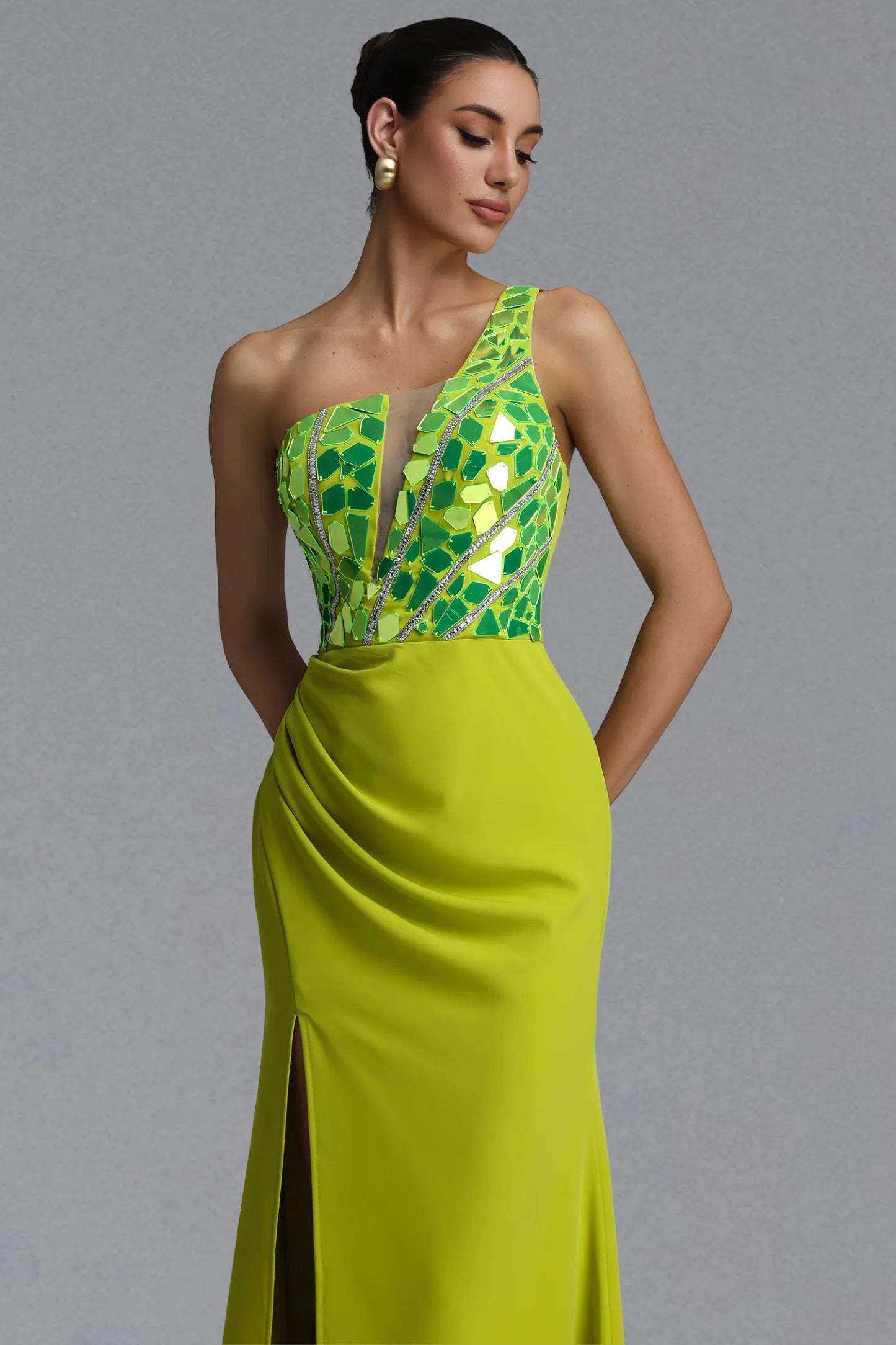 Vibrant Chartreuse Mirror Embellished Evening Gown