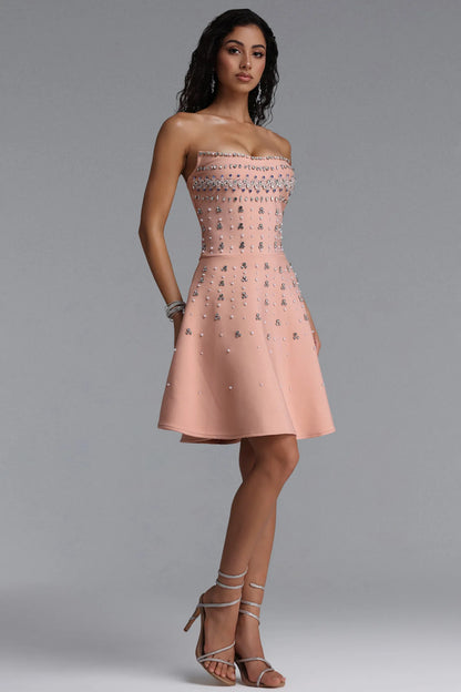 Peach Crystal-Embellished Fit and Flare Mini Dress