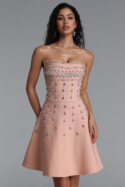 Peach Crystal-Embellished Fit and Flare Mini Dress