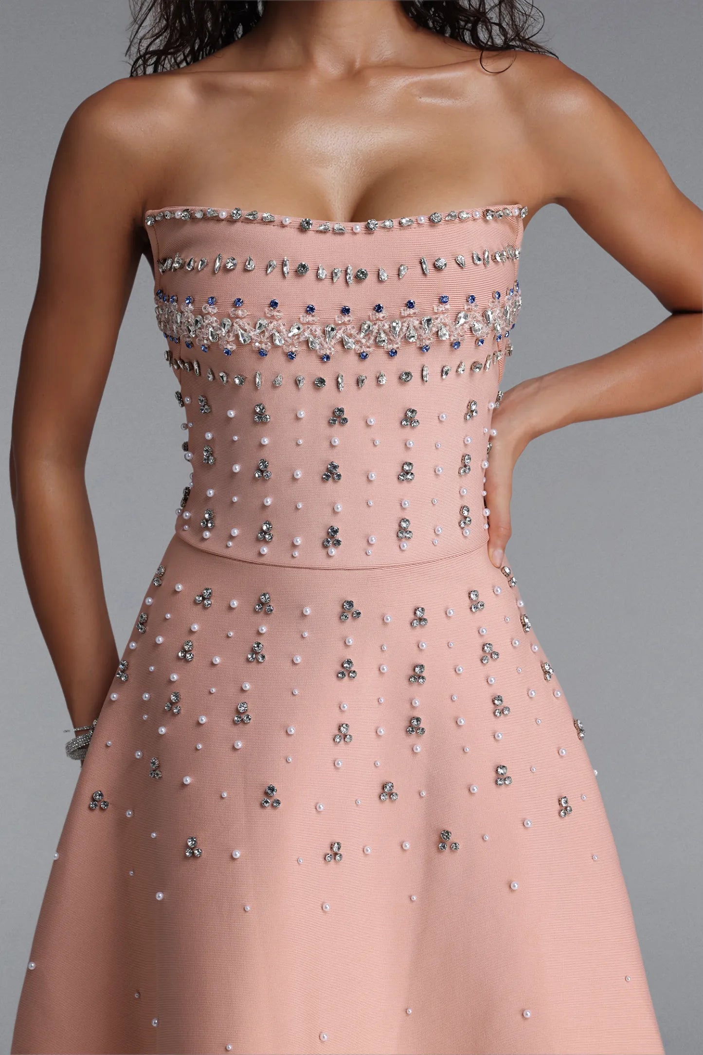 Peach Crystal-Embellished Fit and Flare Mini Dress