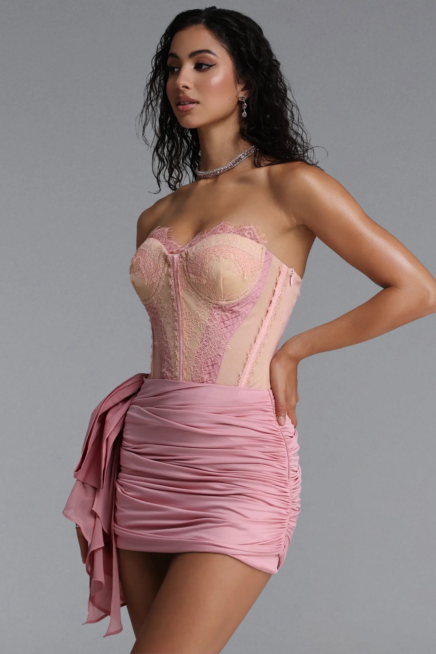 Dusty Pink Lace Corset and Ruched Mini Dress