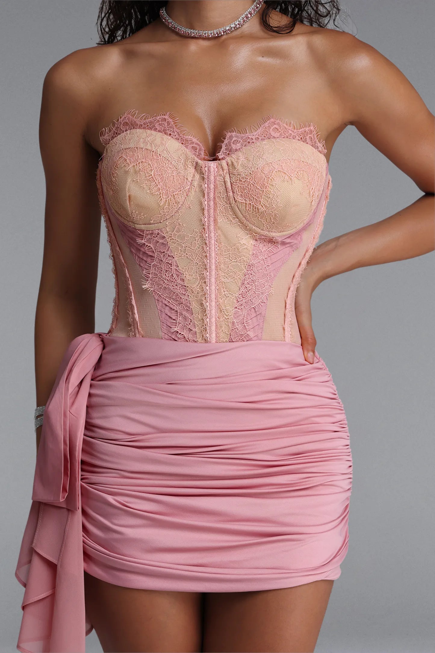 Dusty Pink Lace Corset and Ruched Mini Dress