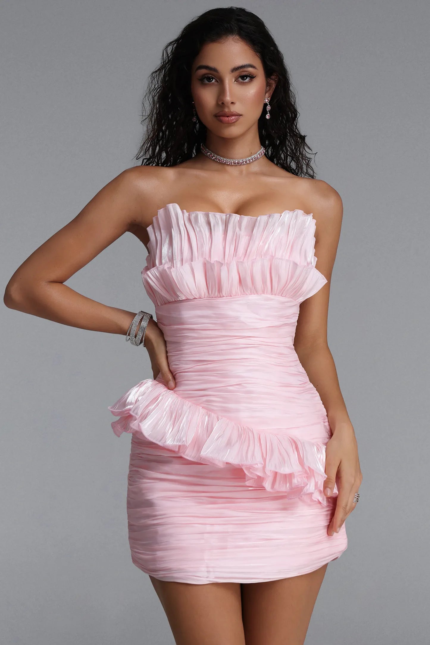 Blush Pink Ruffled Bandeau Mini Dress