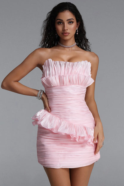 Blush Pink Ruffled Bandeau Mini Dress