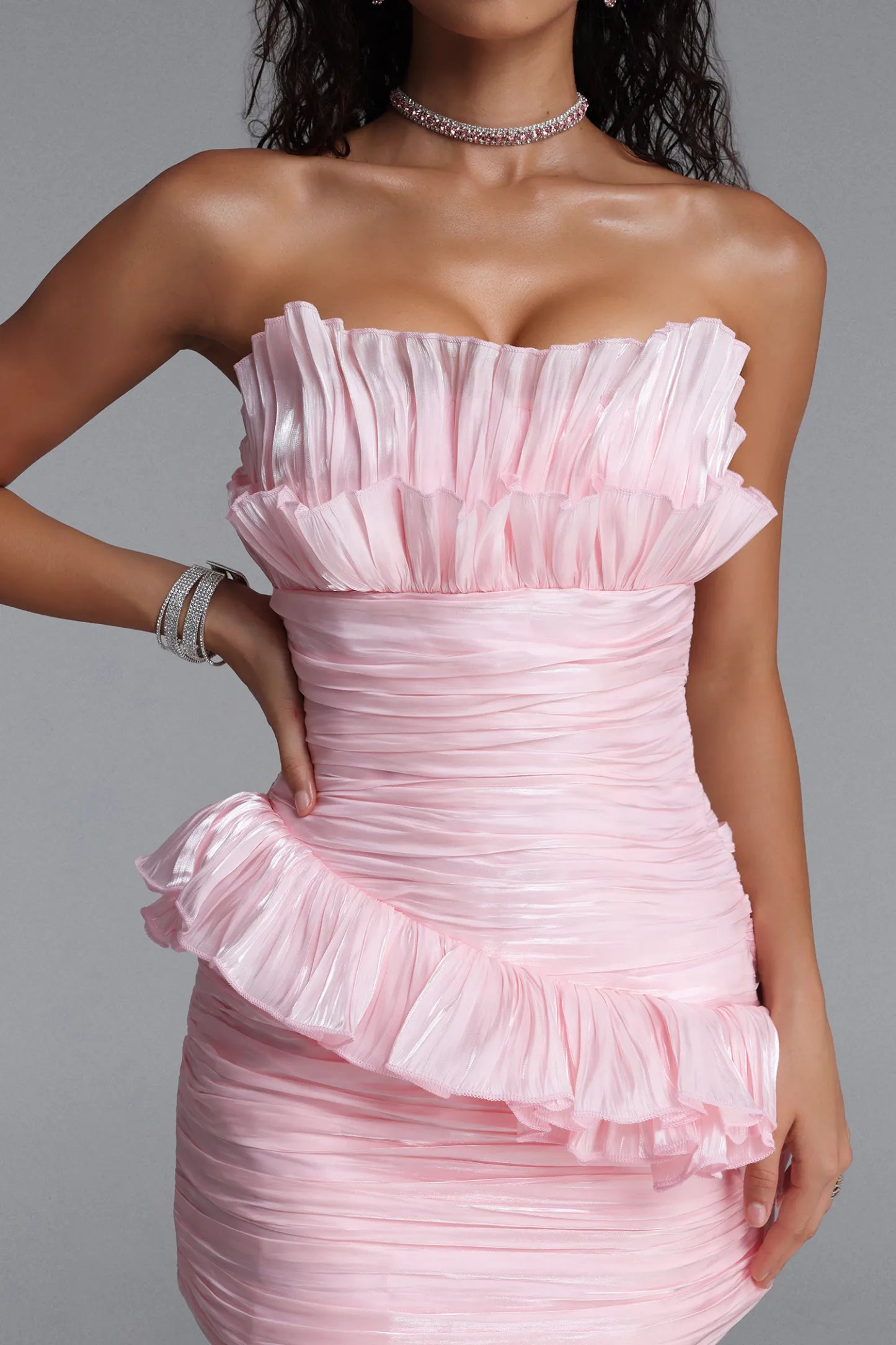 Blush Pink Ruffled Bandeau Mini Dress