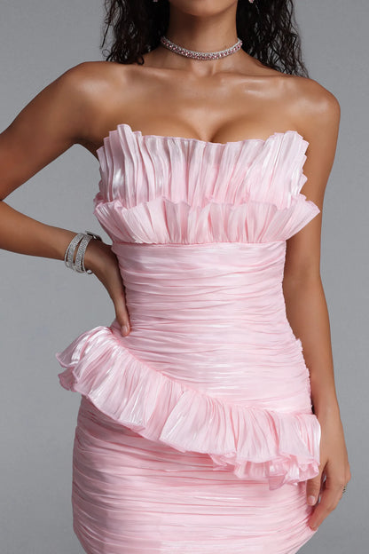 Blush Pink Ruffled Bandeau Mini Dress